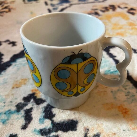Vintage 1970s Stackable Mug RARE yellow ladybug Japan 60s MCM vtg groovy mugs - Picture 5 of 8